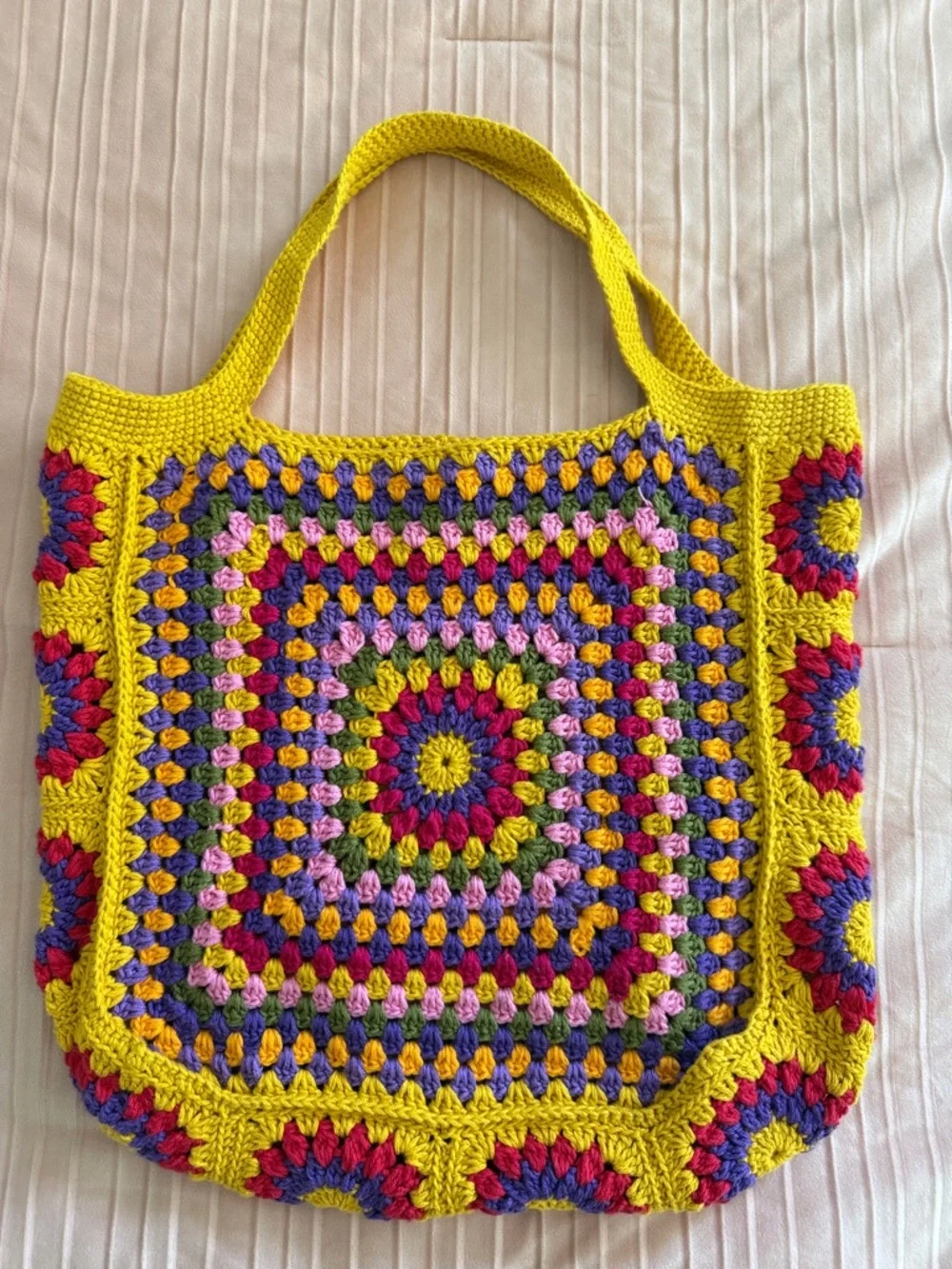 Granny Handmade Knitting Crochet Tote Bag - Mustard Multicolor - Picture 5 of 7